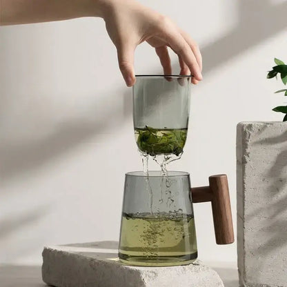 Modern green & gray glass tea cup with wood handle kitchen set