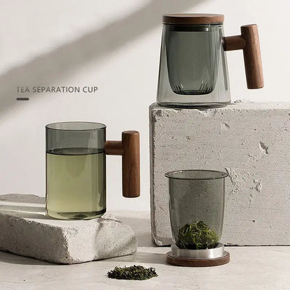 Modern green & gray glass tea cup with wood handle kitchen set
