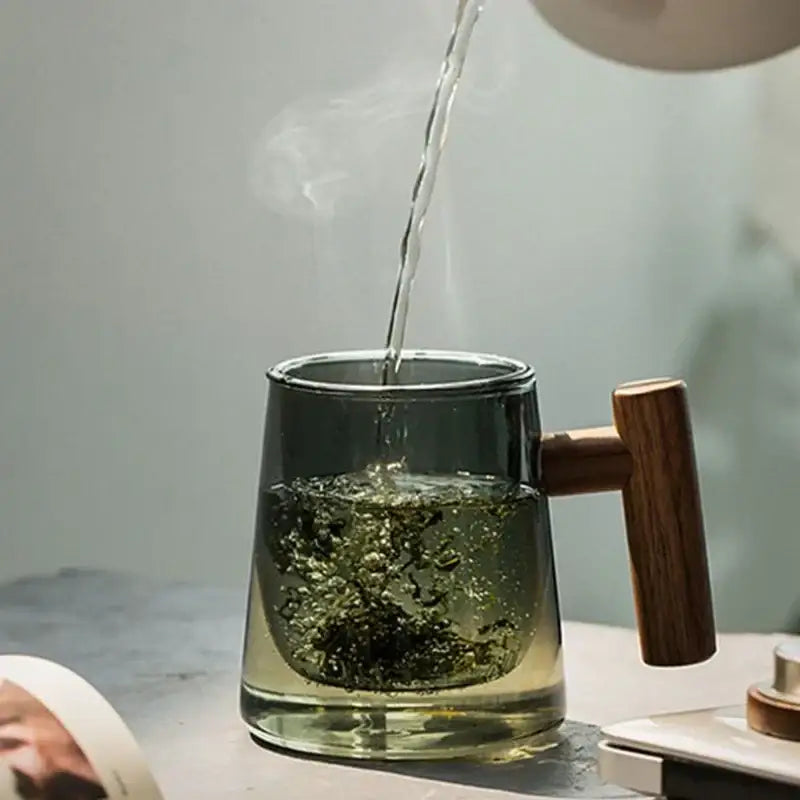 Modern green & gray glass tea cup with wood handle kitchen set