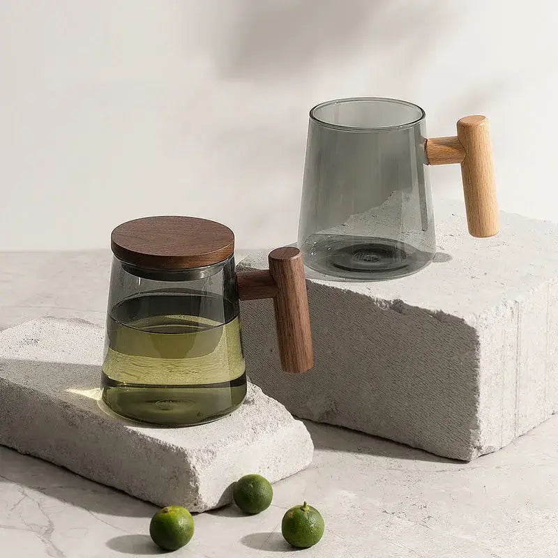 Modern green & gray glass tea cup with wood handle kitchen set