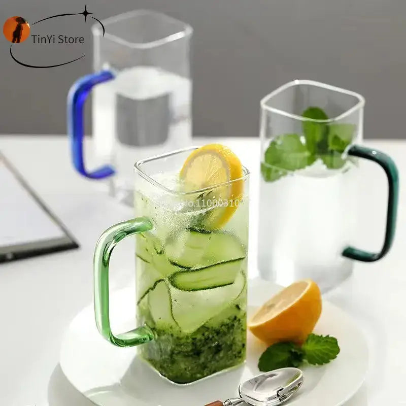 Modern green handle square glass mug kitchen drinking cup