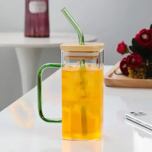 Modern green handle square glass mug kitchen drinking cup