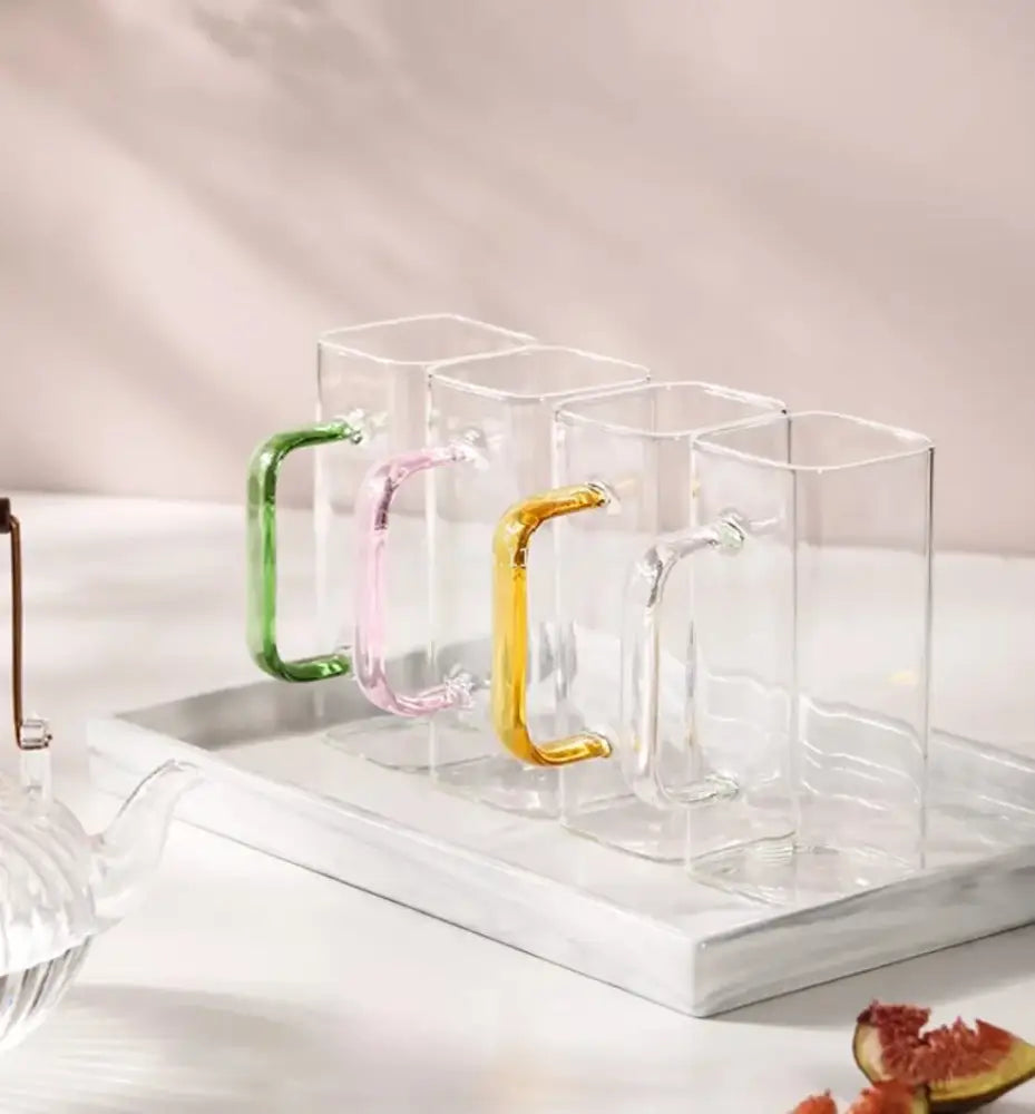 Modern green handle square glass mug kitchen drinking cup