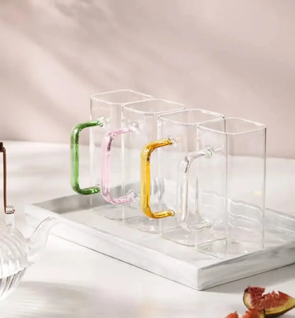Modern green handle square glass mug kitchen drinking cup