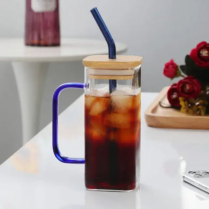 Modern green handle square glass mug kitchen drinking cup