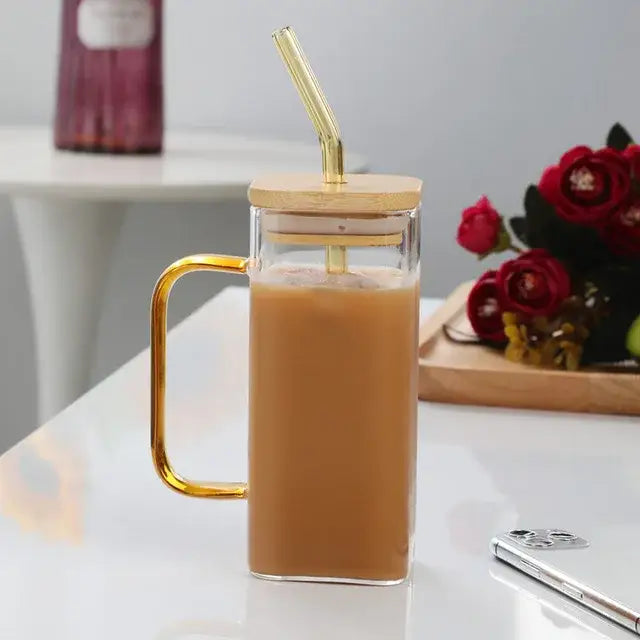 Modern green handle square glass mug kitchen drinking cup