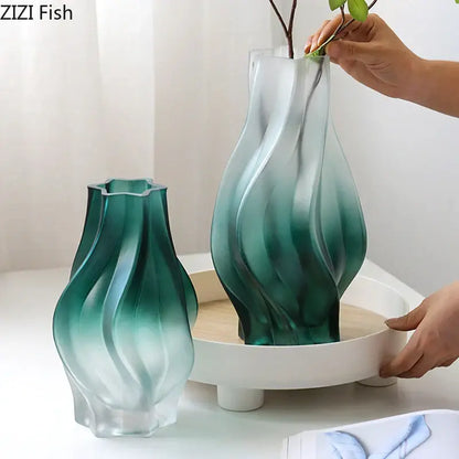 Modern green ripple glass vase with hydrangeas for living room decor