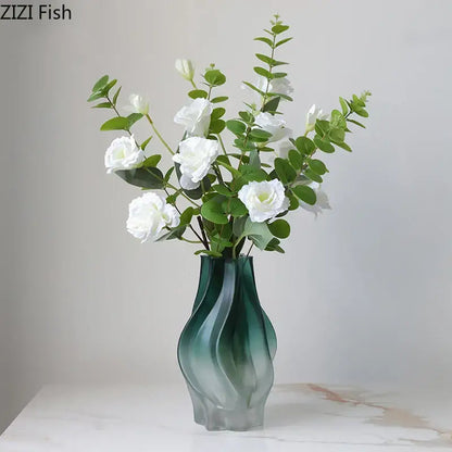 Modern green ripple glass vase with hydrangeas for living room decor
