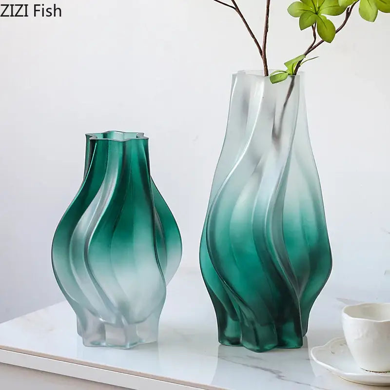 Modern green ripple glass vase with hydrangeas for living room decor