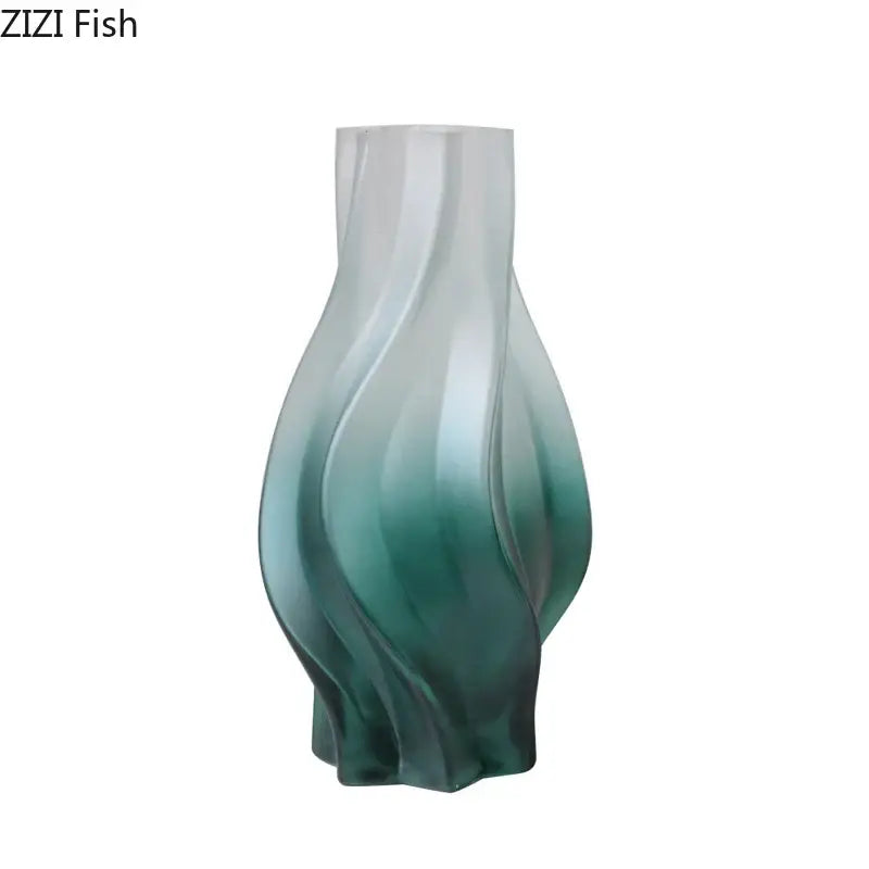 Modern green ripple glass vase with hydrangeas for living room decor