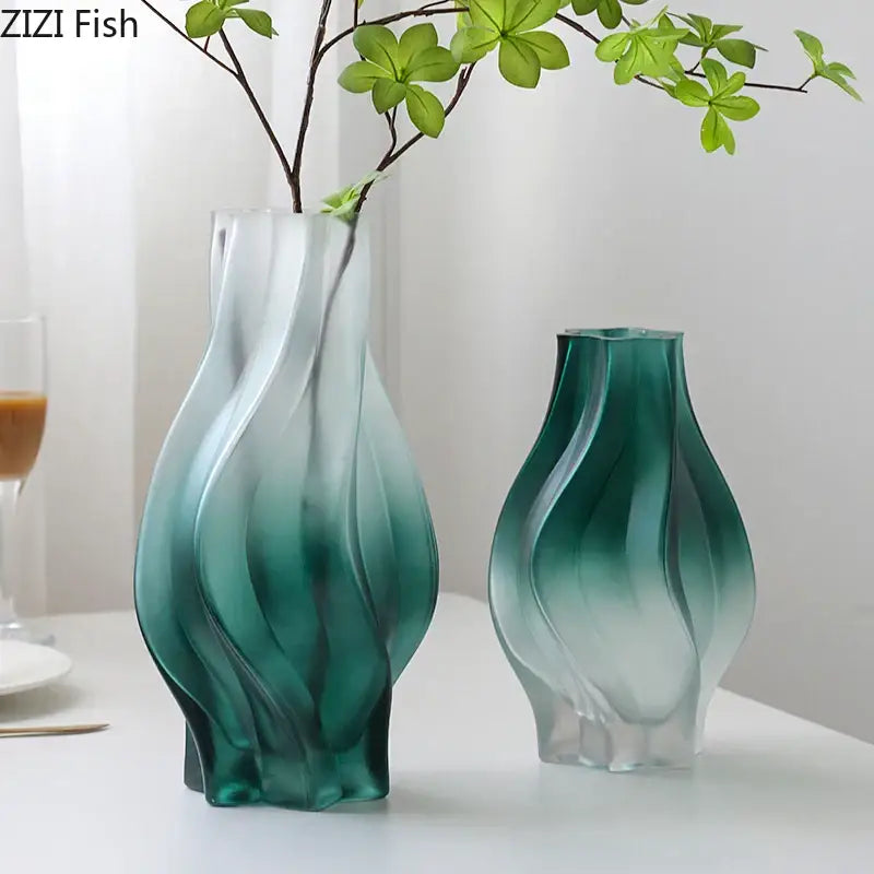 Modern green ripple glass vase with hydrangeas for living room decor