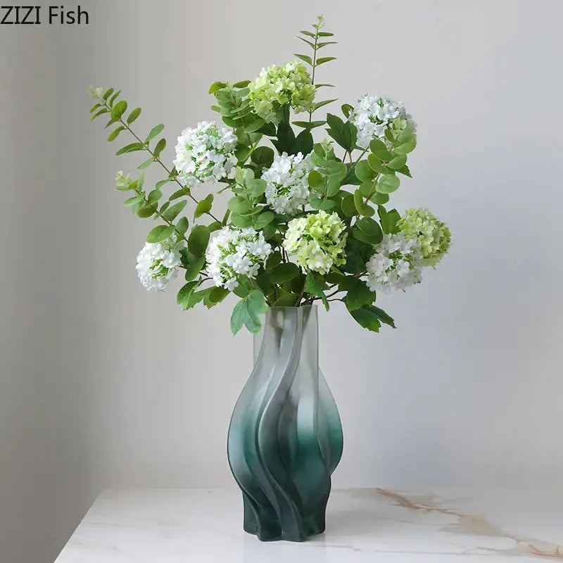 Modern green ripple glass vase with hydrangeas for living room decor