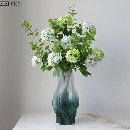 Modern green ripple glass vase with hydrangeas for living room decor