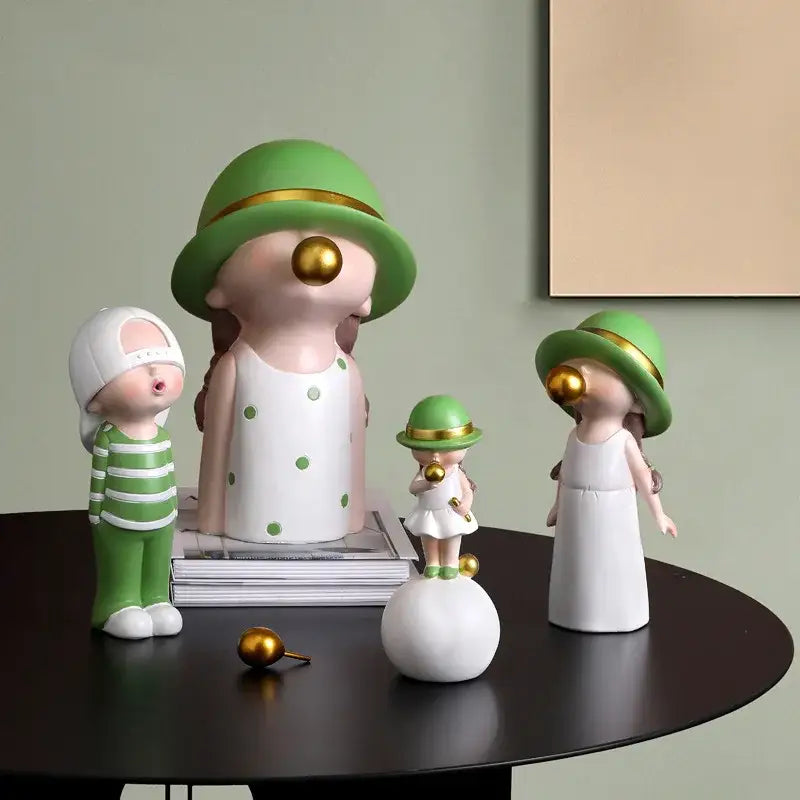Modern green & white polka dot bubble gum blowing statue living room