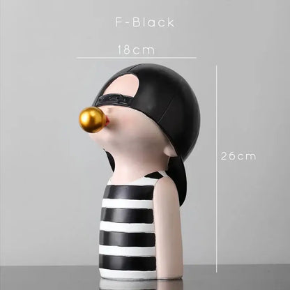 Modern green & white polka dot bubble gum blowing statue living room