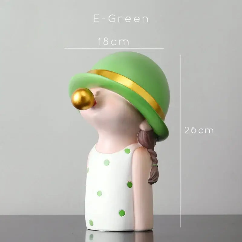 Modern green & white polka dot bubble gum blowing statue living room