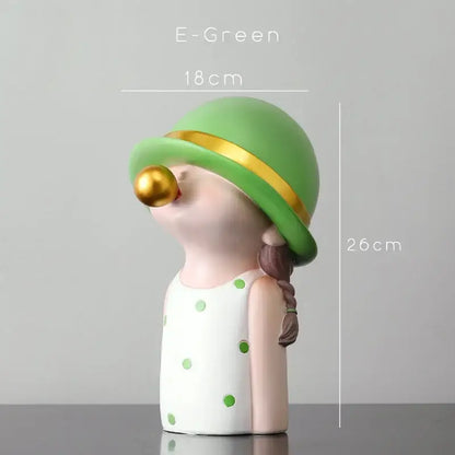 Modern green & white polka dot bubble gum blowing statue living room
