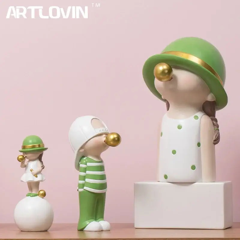 Modern green & white polka dot bubble gum blowing statue living room