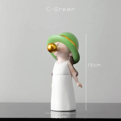 Modern green & white polka dot bubble gum blowing statue living room