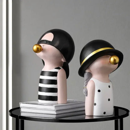 Modern green & white polka dot bubble gum blowing statue living room