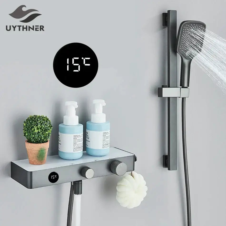 Modern grey digital shower faucet set with shelf for bathroom