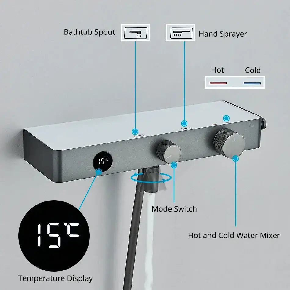 Modern grey digital shower faucet set with shelf for bathroom