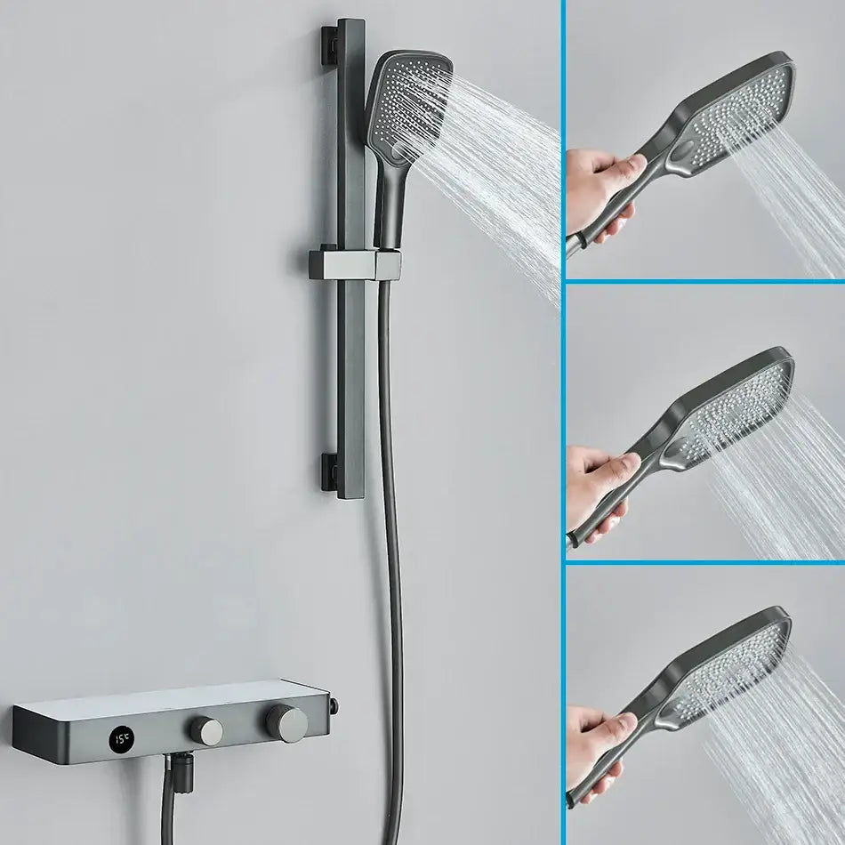 Modern grey digital shower faucet set with shelf for bathroom