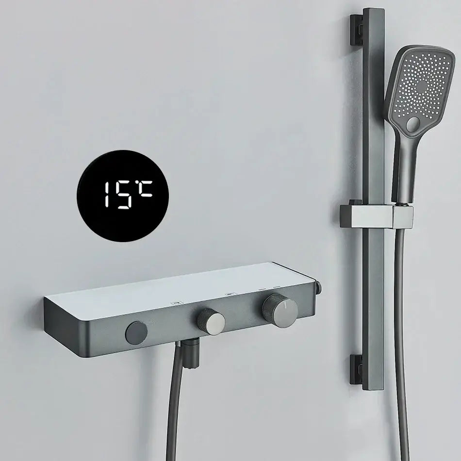 Modern grey digital shower faucet set with shelf for bathroom