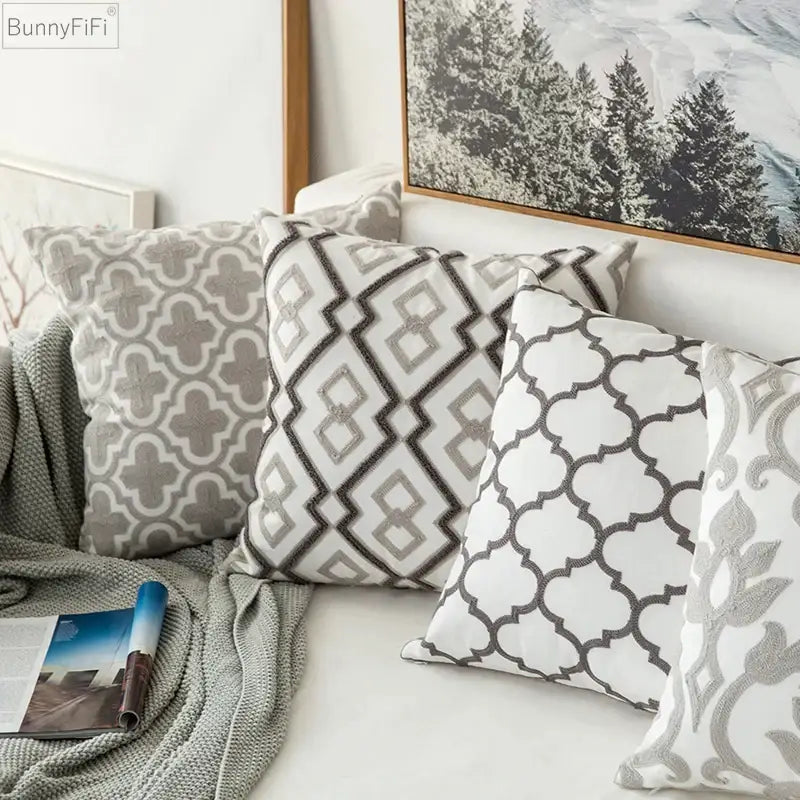 Modern grey geometric embroidered cushion cover living room set