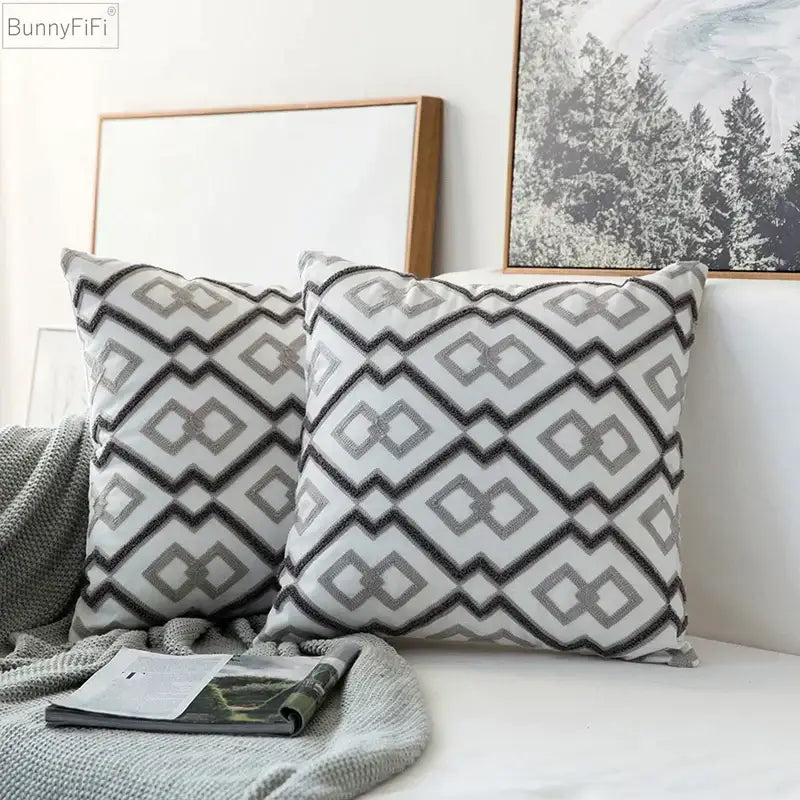 Modern grey geometric embroidered cushion cover living room set