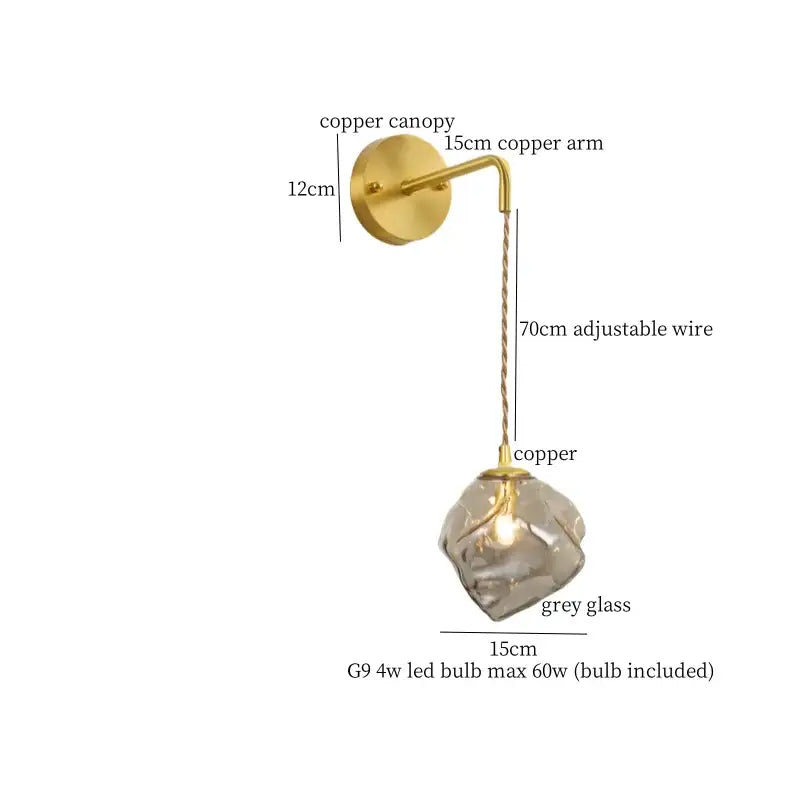Modern grey glass led wall lamp bedroom gold crystal sconce