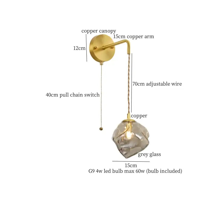 Modern grey glass led wall lamp bedroom gold crystal sconce