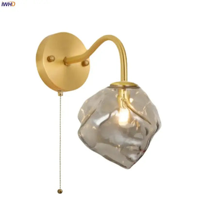 Modern grey glass led wall lamp bedroom gold crystal sconce