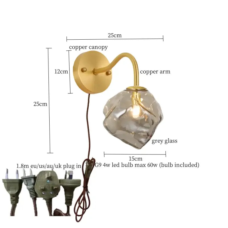 Modern grey glass led wall lamp bedroom gold crystal sconce