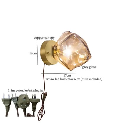 Modern grey glass led wall lamp bedroom gold crystal sconce