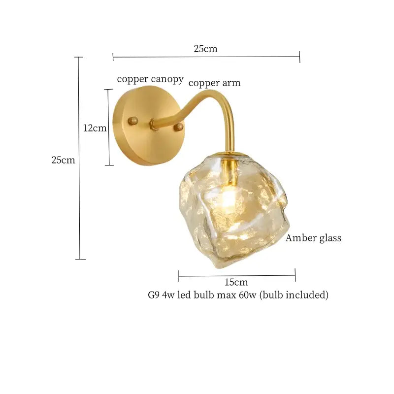 Modern grey glass led wall lamp bedroom gold crystal sconce
