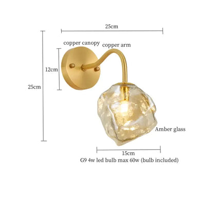 Modern grey glass led wall lamp bedroom gold crystal sconce
