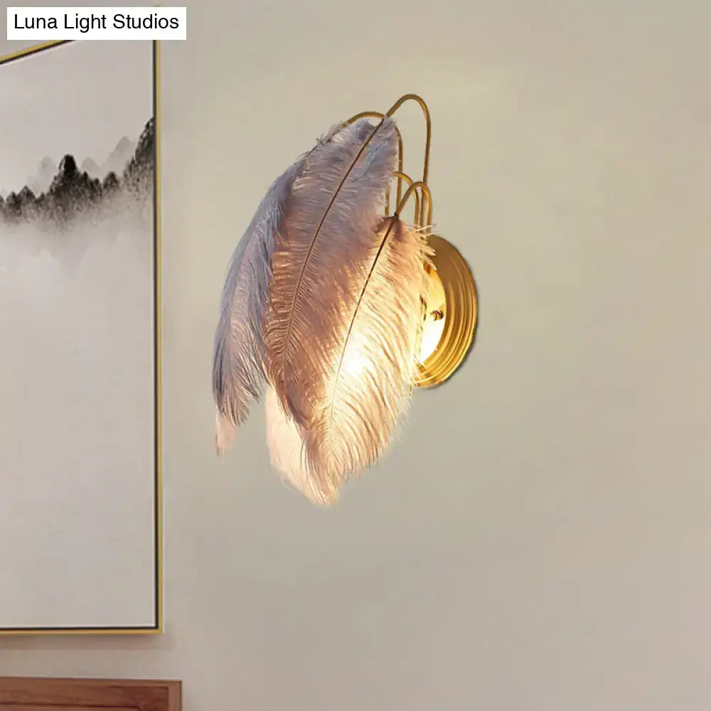 Modern grey & white furry goose feather wall lamp for bedroom
