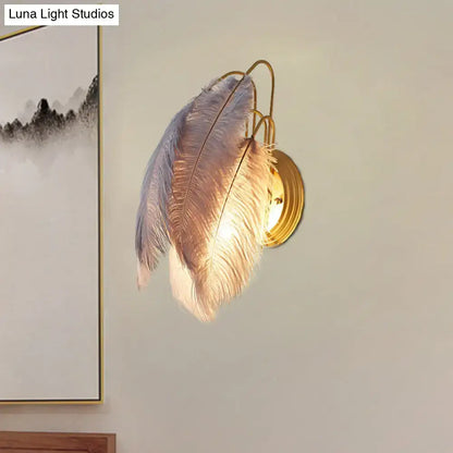 Modern grey & white furry goose feather wall lamp for bedroom