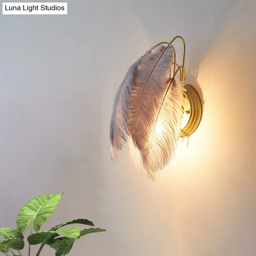 Modern grey & white furry goose feather wall lamp for bedroom