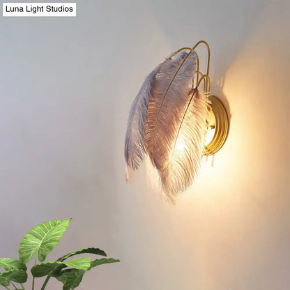 Modern grey & white furry goose feather wall lamp for bedroom