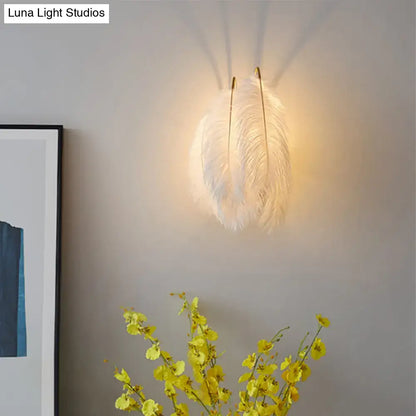 Modern grey & white furry goose feather wall lamp for bedroom