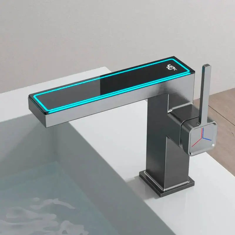 Modern gun grey digital display basin faucet bathroom temperature sensor