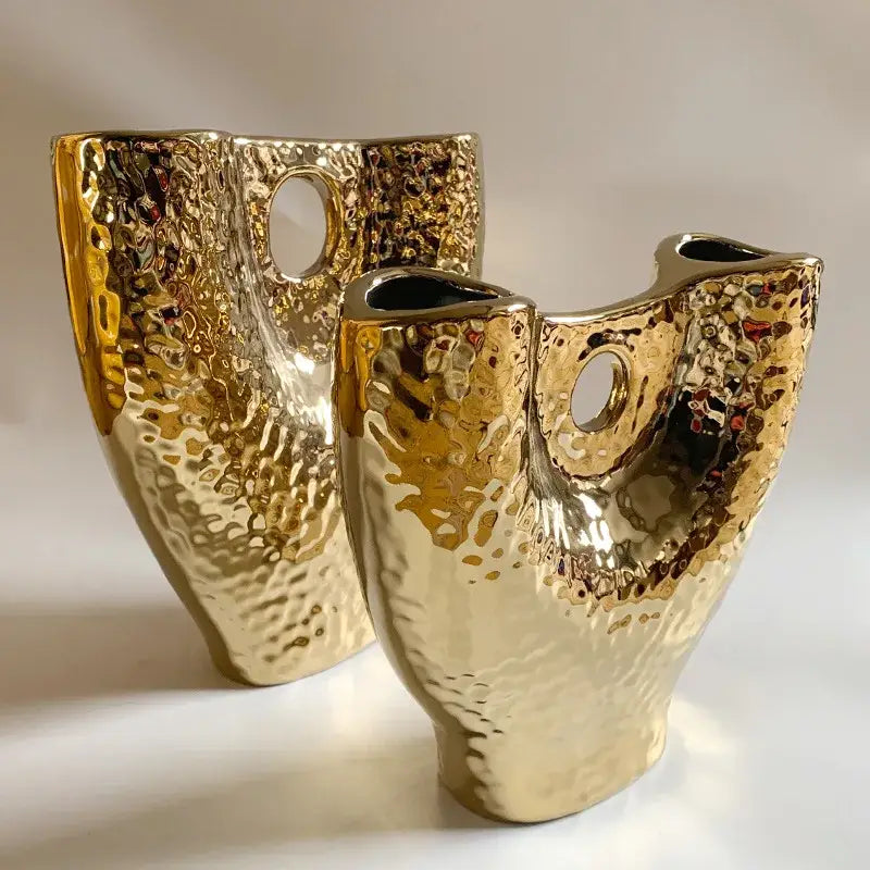 Modern hammered gold vase set living room textured ceramic decor