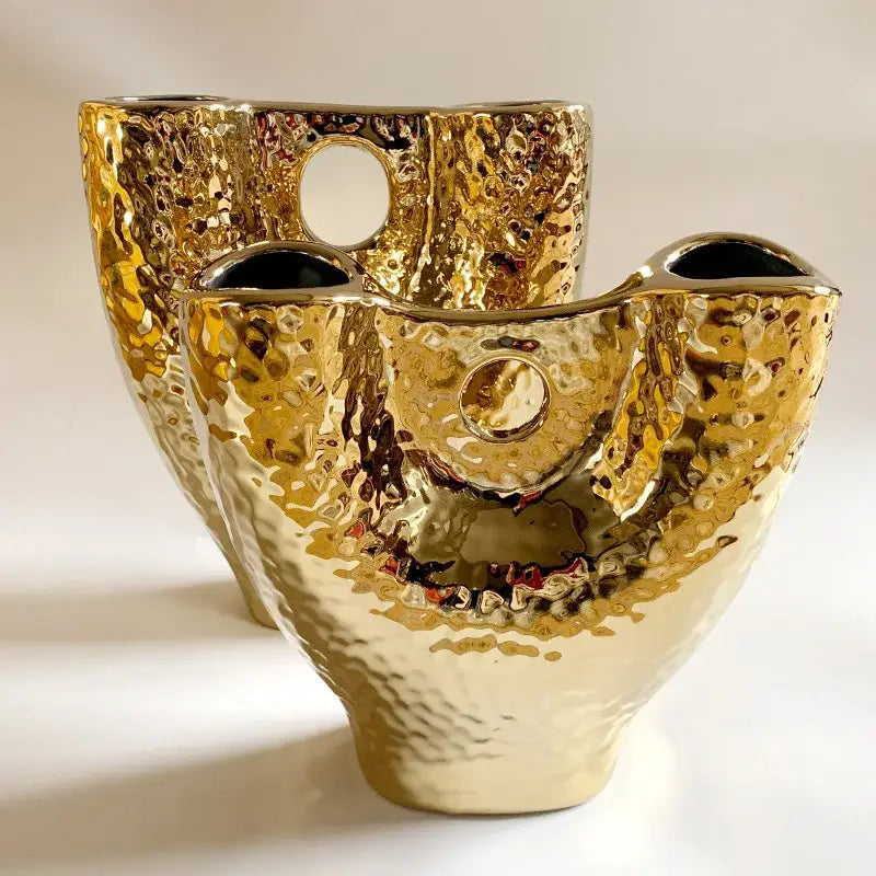 Modern hammered gold vase set living room textured ceramic decor