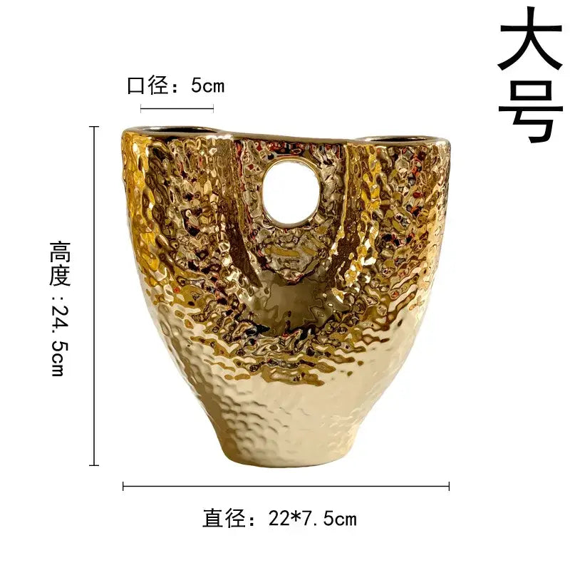 Modern hammered gold vase set living room textured ceramic decor