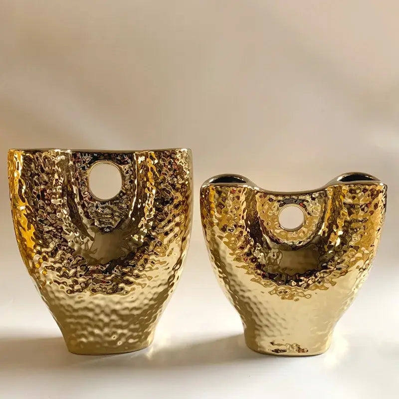 Modern hammered gold vase set living room textured ceramic decor