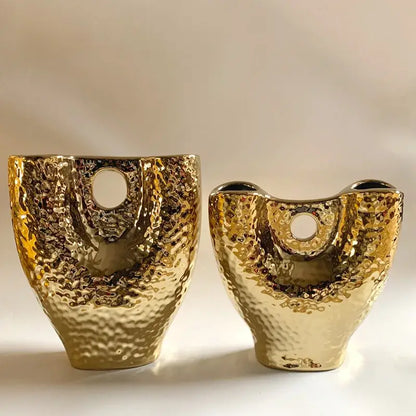 Modern hammered gold vase set living room textured ceramic decor