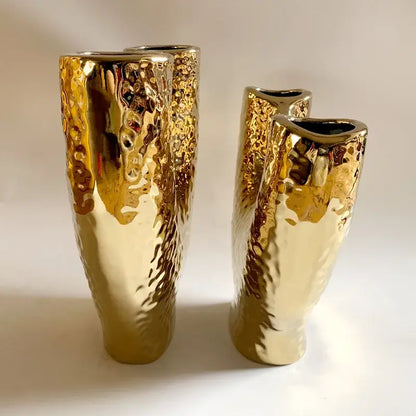 Modern hammered gold vase set living room textured ceramic decor
