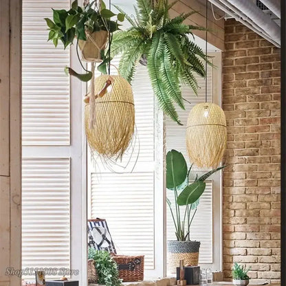 Modern handwoven bamboo pendant lights for dining room